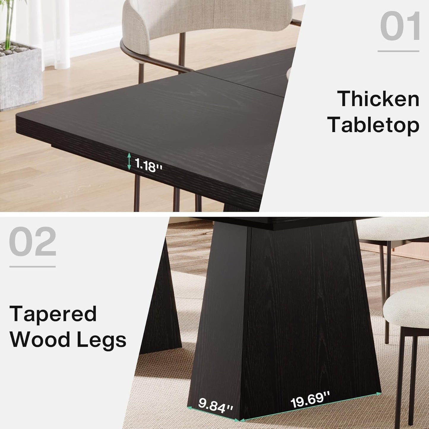 63-Inch Black Dining Table for 4-6, Modern Kitchen Table with Sturdy