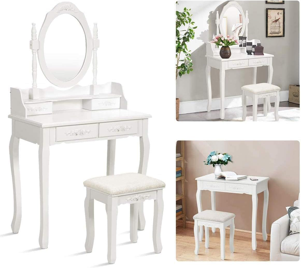 Wood Makeup Vanity Set with Mirror & Stool