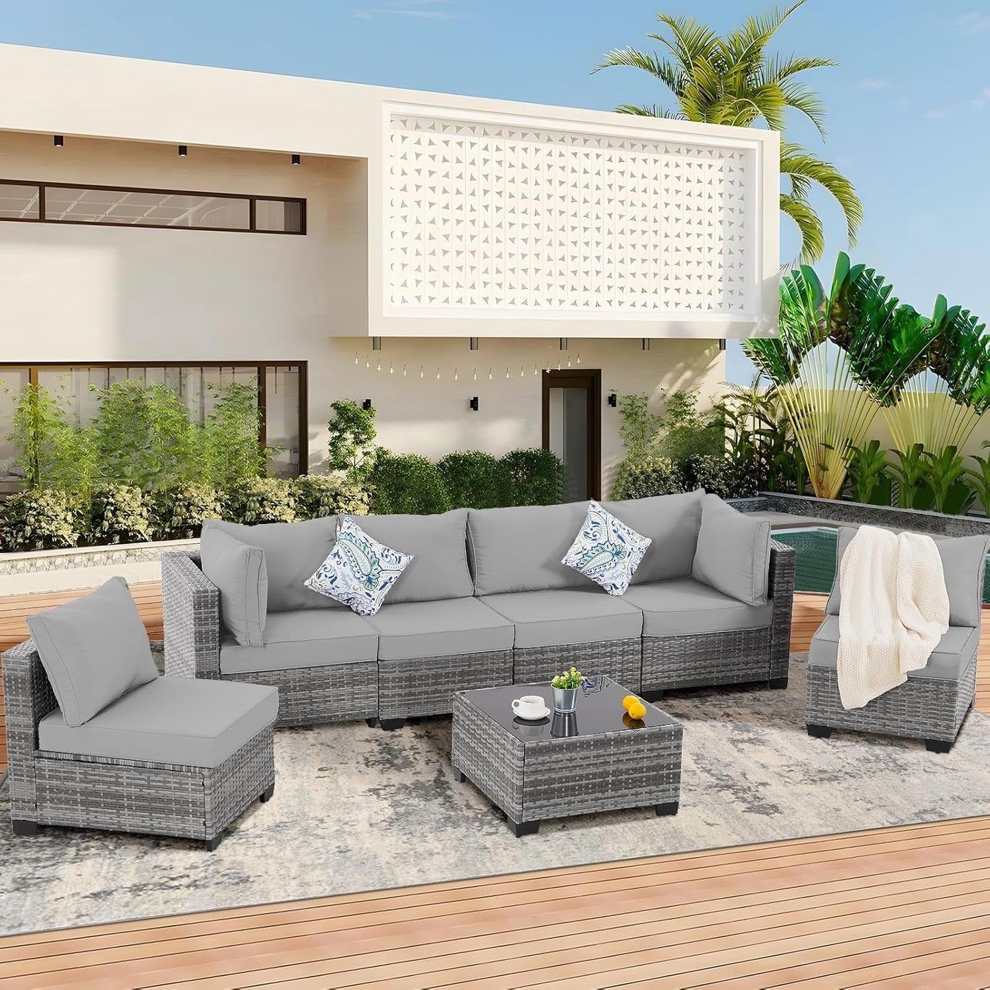 7 Pieces Outdoor Patio Furniture Set, Wicker Sectional Sofa Set Rattan