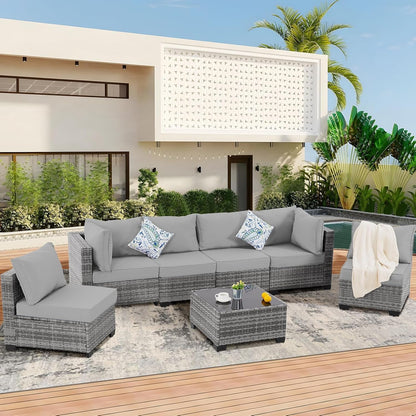 7 Pieces Outdoor Patio Furniture Set, Wicker Sectional Sofa Set Rattan