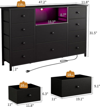 Black Dresser with Charging Station and LED Lights