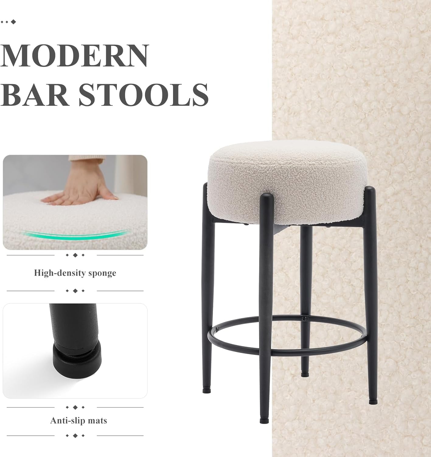 Modern Bar Stools Set of 2, 24" Sherpa Counter Height Stools with