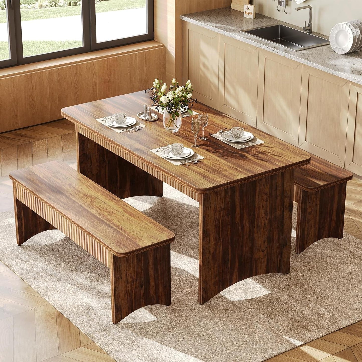 55-Inch Dining Table Set for 4-6 with Benches