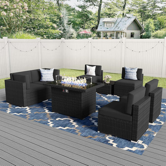 8 Pieces Patio Furniture Set with 44" Propane Gas Fire Pit Table,