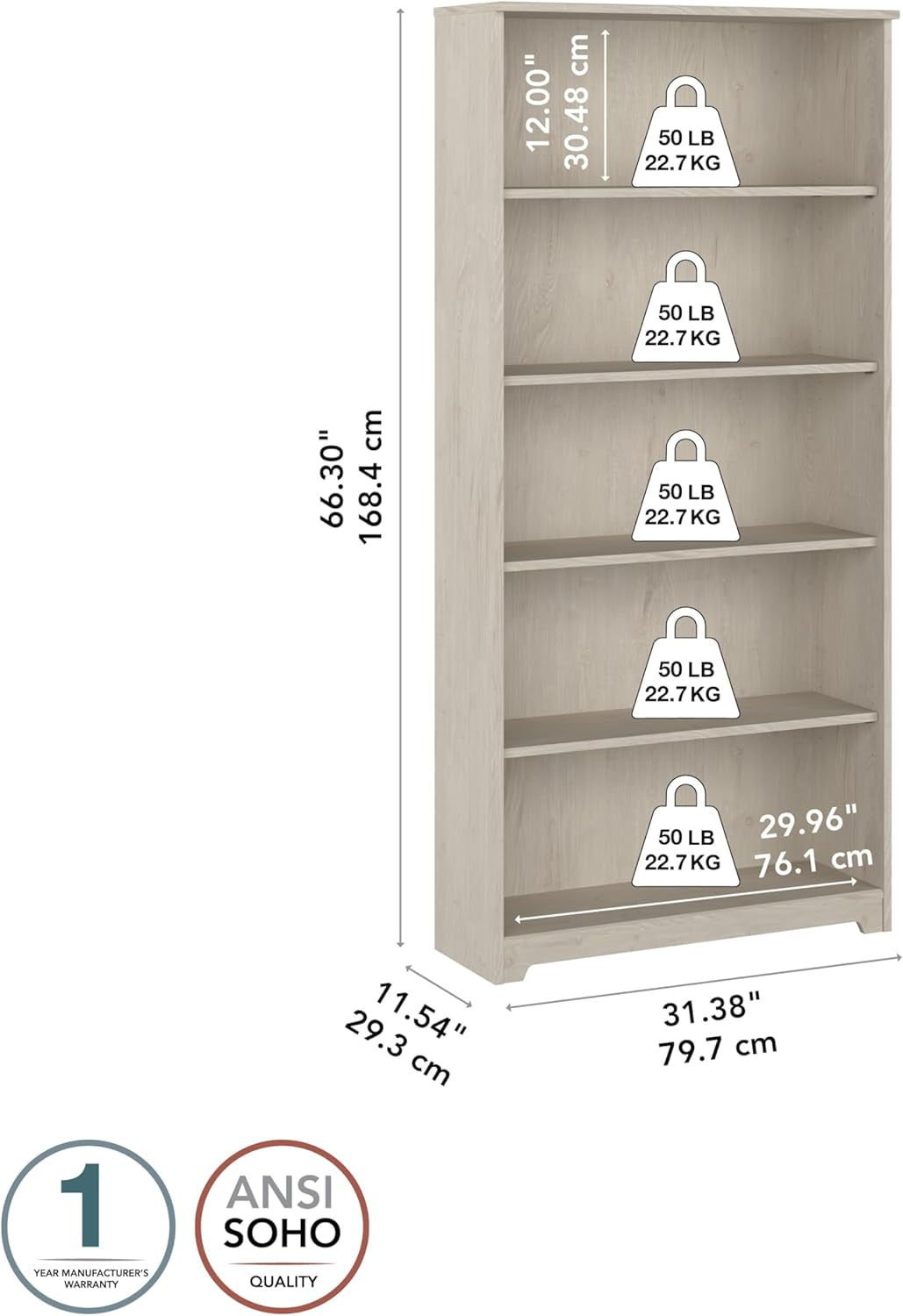 Bush Furniture Cabot Tall 5 Shelf Bookcase | Large Open Bookshelf in