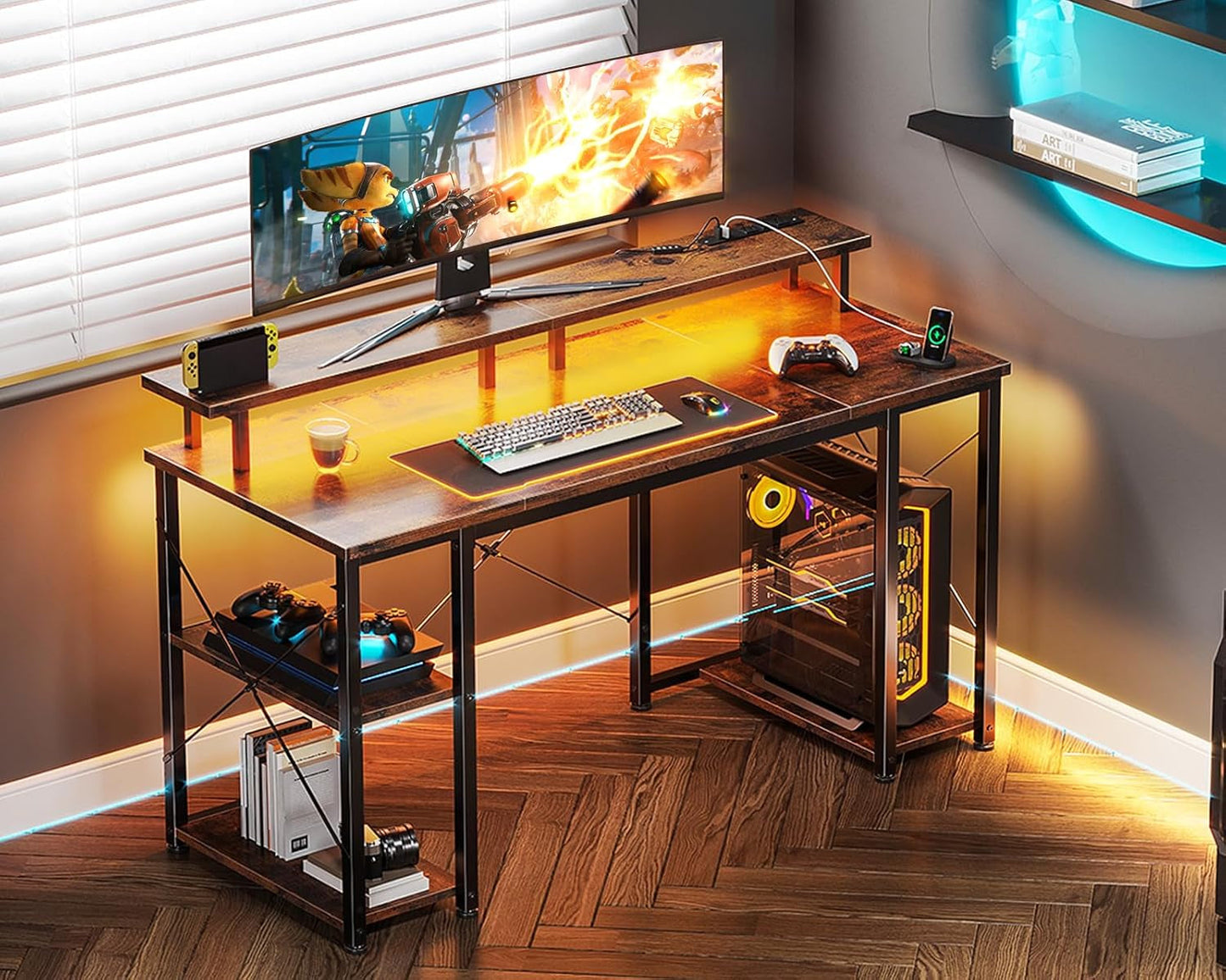 48 Inch Gaming Desk with LED Lights & Power Outlets, Computer Desk