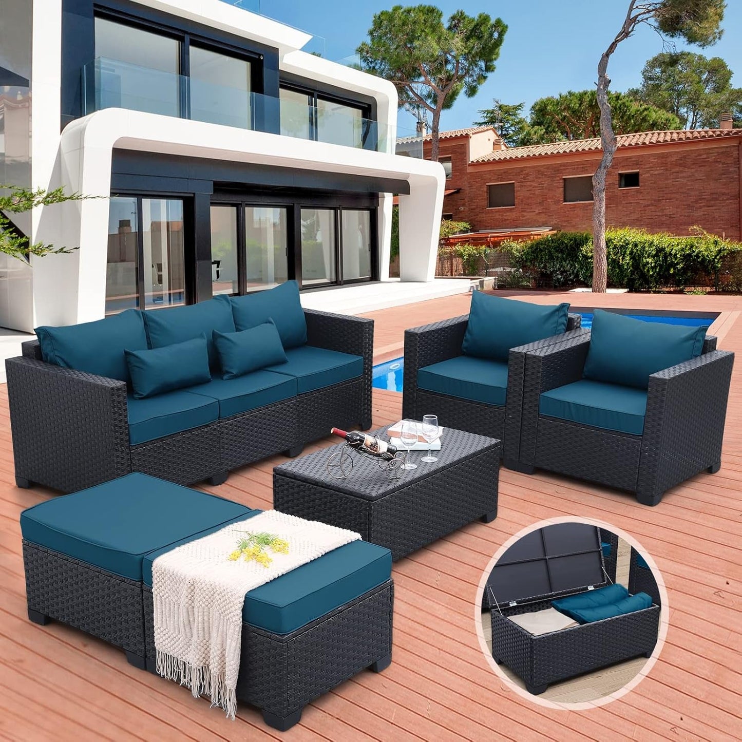 Patio Furniture Set 6 Pieces Couch Outdoor Chairs Coffee Table Peacock