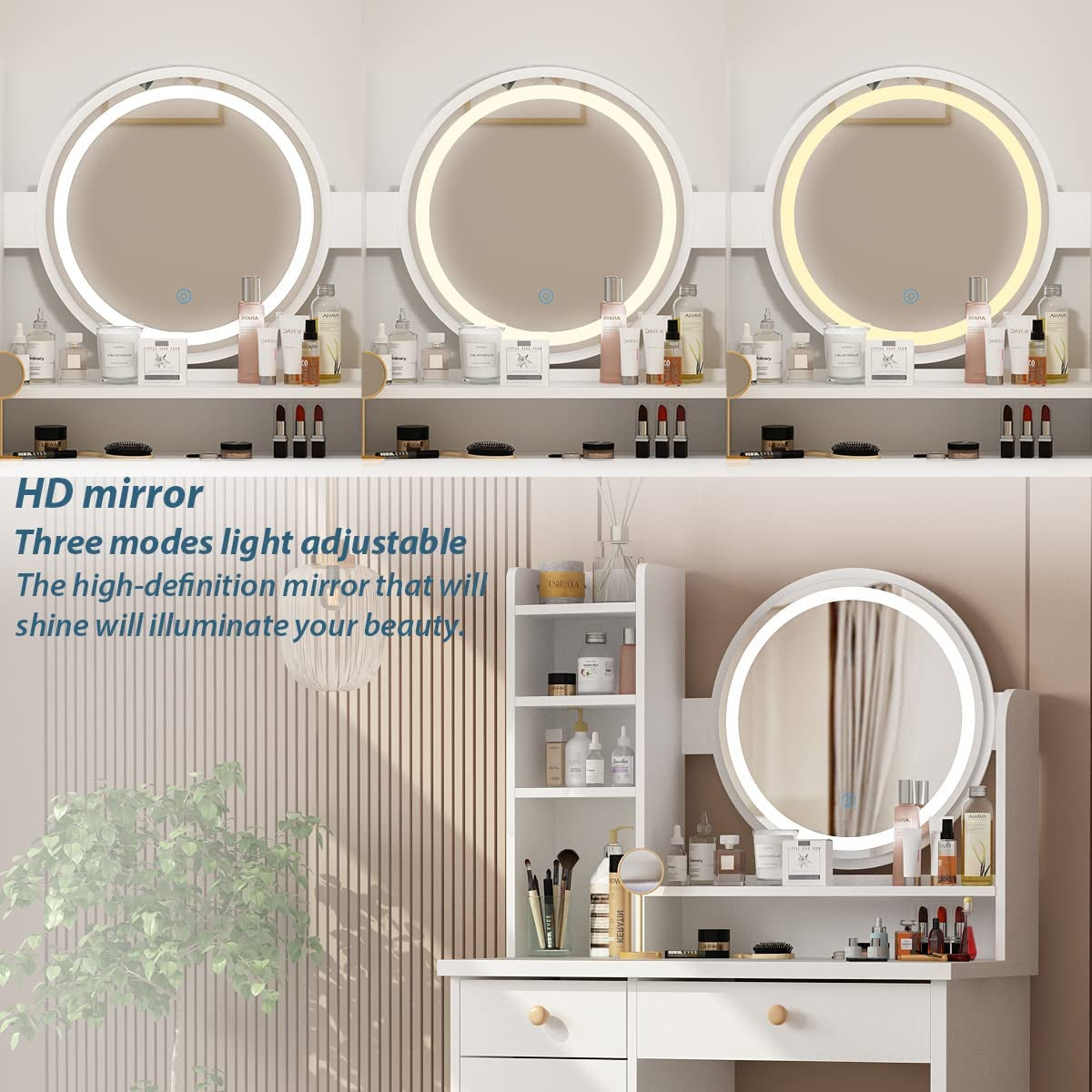 Makeup Vanity Set with Drawer and round Mirror