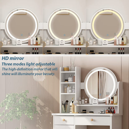 Makeup Vanity Set with Drawer and round Mirror