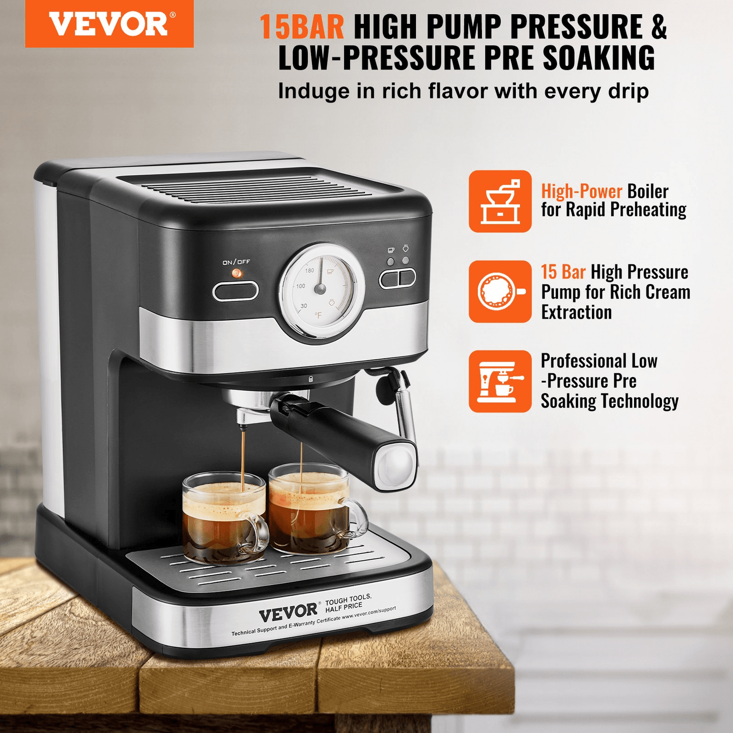 VEVOR Espresso Machine, 15 Bar Semi-Automatic Espresso Maker with Milk