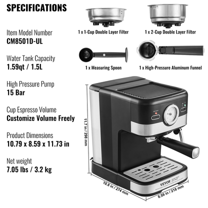 VEVOR Espresso Machine, 15 Bar Semi-Automatic Espresso Maker with Milk