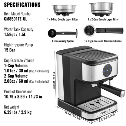 VEVOR Espresso Machine, 15 Bar Coffee and Espresso Maker with Milk