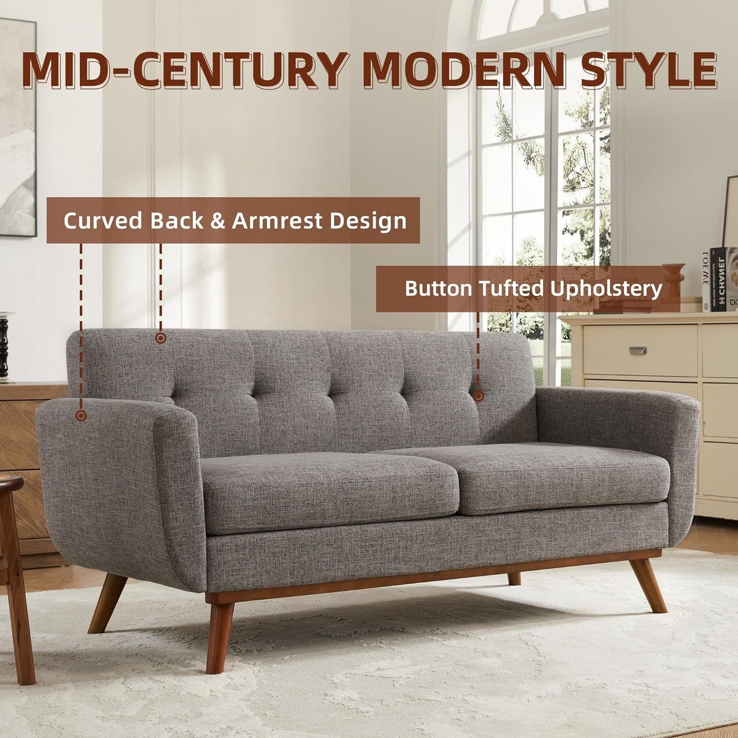 Grey Mid-Century Loveseat Sofa: Easy Assembly, Solid Wood