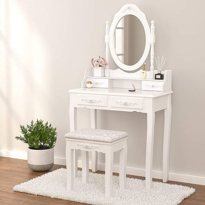 Wood Makeup Vanity Set with Mirror & Stool