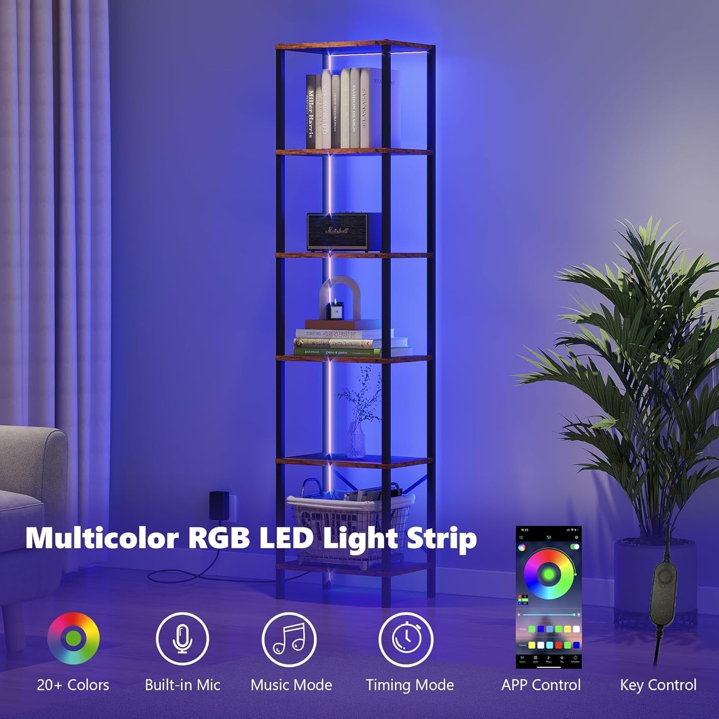 6-Tier Bookshelf, Tall Narrow Bookcase with LED Lights, Book Shelf