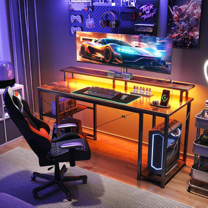 48 Inch Gaming Desk with LED Lights & Power Outlets, Computer Desk