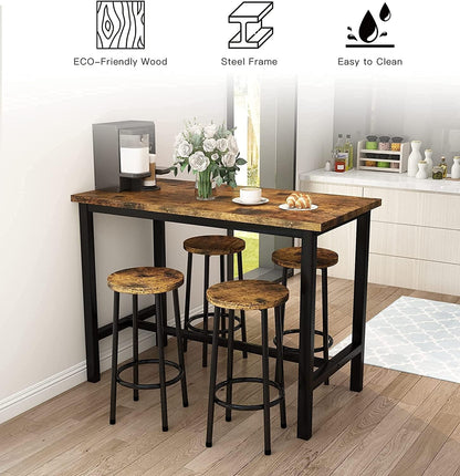 5 Pcs Dining Table Set, Kitchen Table and 4 Bar Stools Industrial