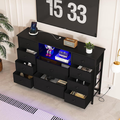 Black Dresser with Charging Station and LED Lights