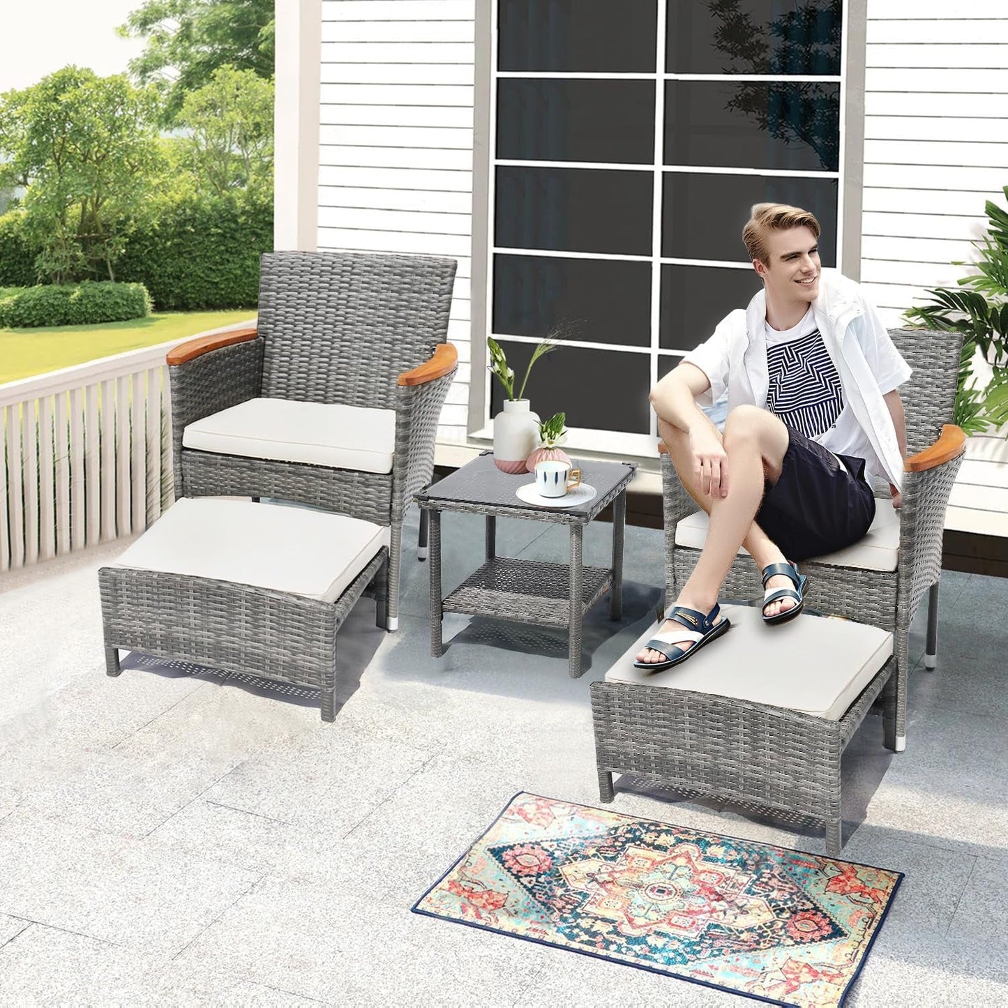 5 Piece Outdoor Patio Furniture Set with Table&Ottoman Outdoor