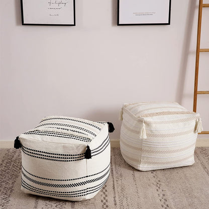 Braided Boho Pouf with Tassels and Tufted Cushion