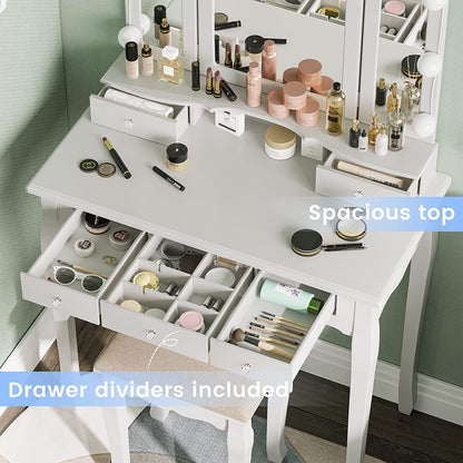 White Makeup Vanity Set with Lighted Mirror and Stool