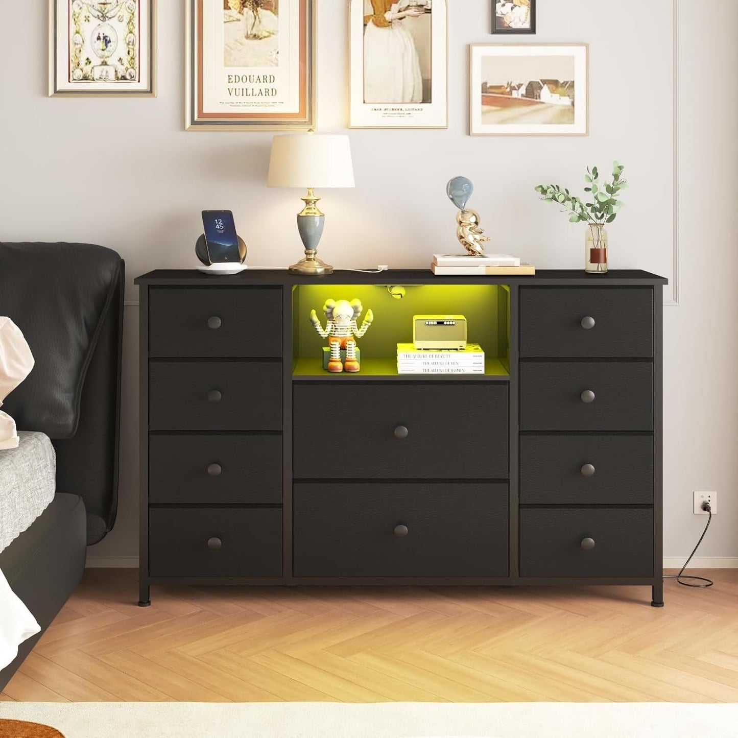 Black Dresser with Charging Station and LED Lights