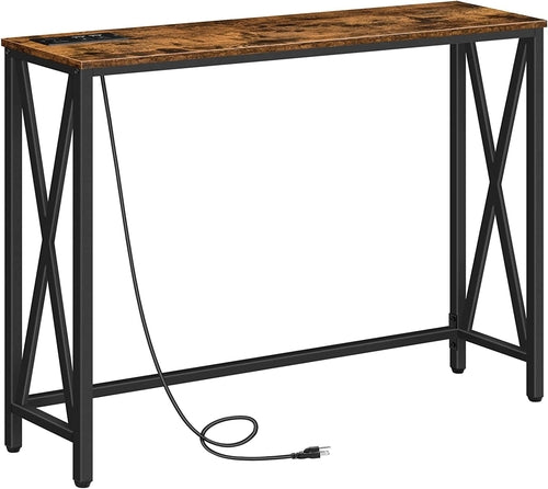 Rustic Brown Sofa Table with Power Outlet