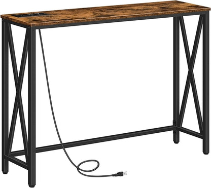 Rustic Brown Sofa Table with Power Outlet