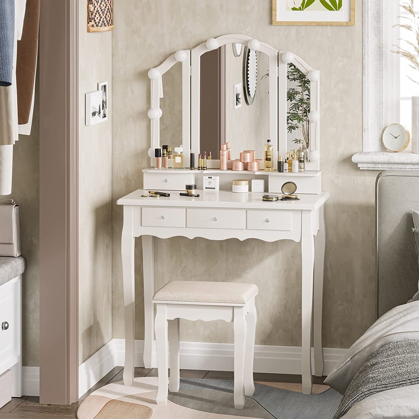 White Makeup Vanity Set with Lighted Mirror and Stool