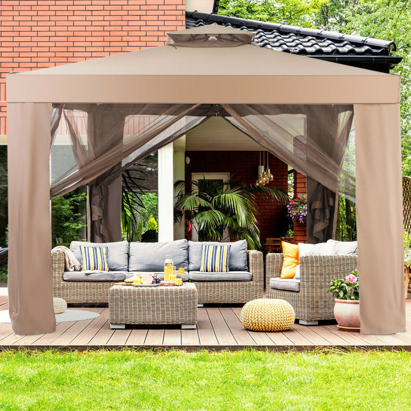 10 X 10 Feet Patio Canopy Gazebo with Neting and Double Tiered Roof