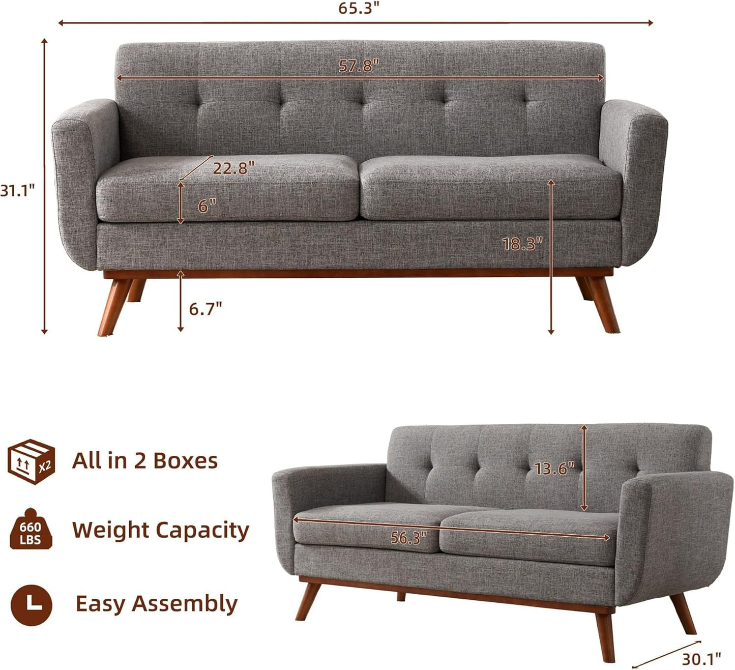 Grey Mid-Century Loveseat Sofa: Easy Assembly, Solid Wood