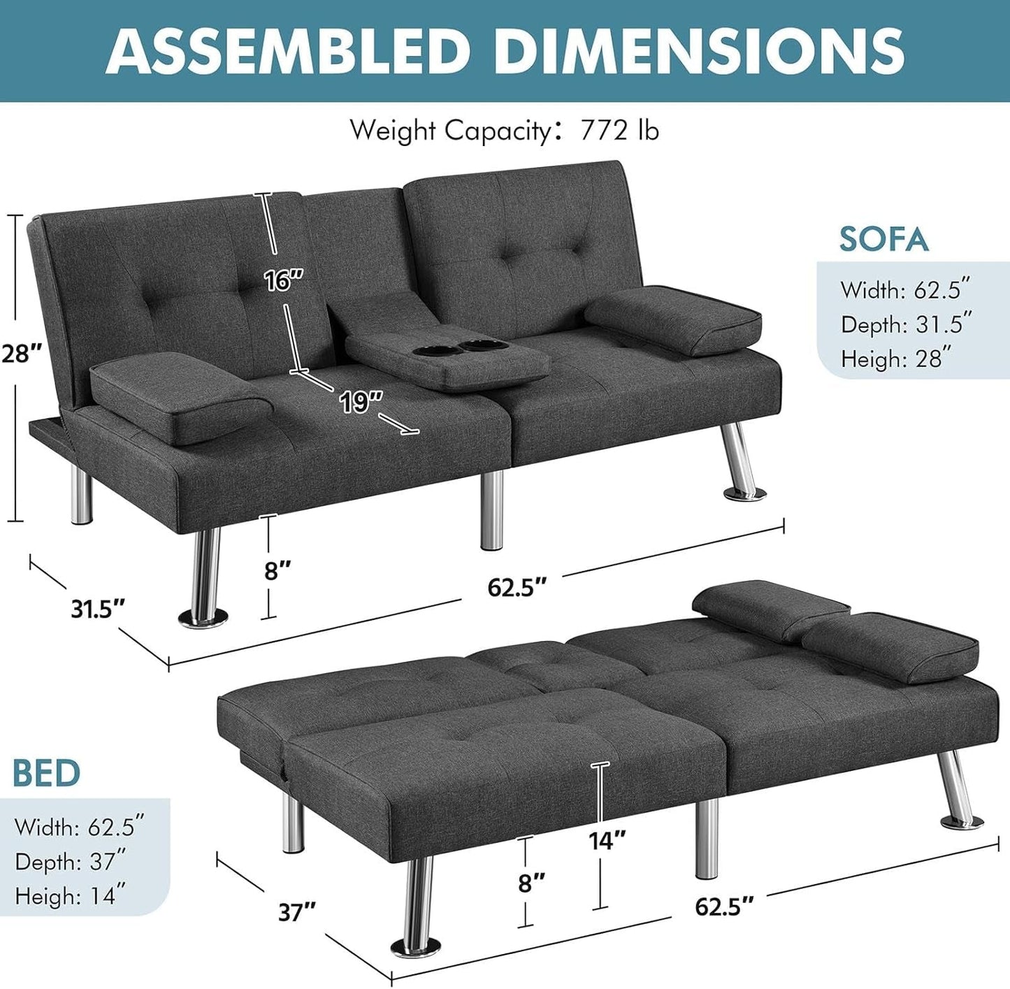 Convertible Sofa Bed Adjustable Fabric Couch Sleeper Modern Recliner