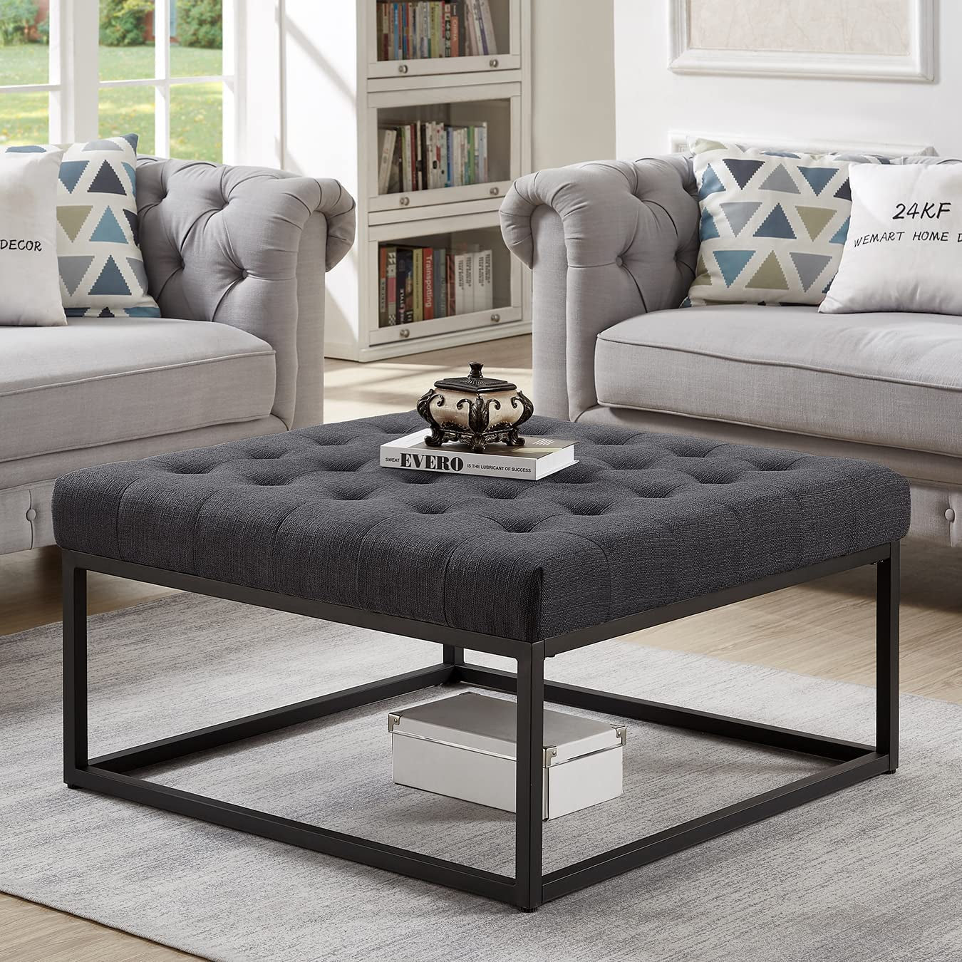 Mid-Century Tufted Coffee Table Ottoman, Dark Gray