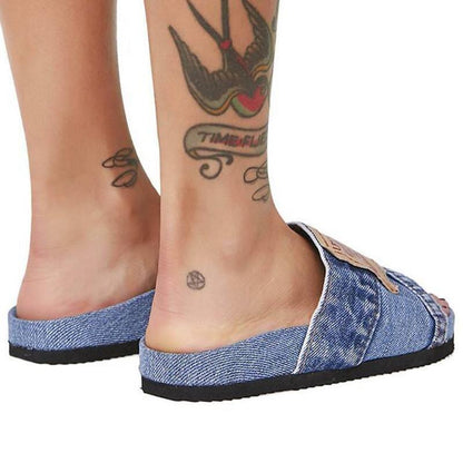 Denim Women's Cool Round Head Flat Slides Blue/Black