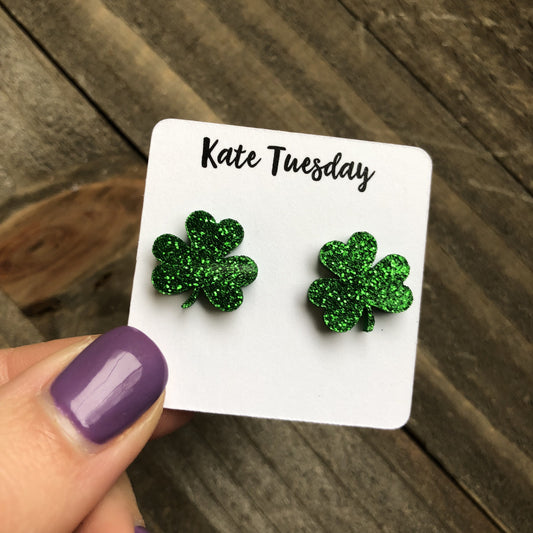 Glitter Acrylic St. Patties Day Clover Earrings 3 Leaf