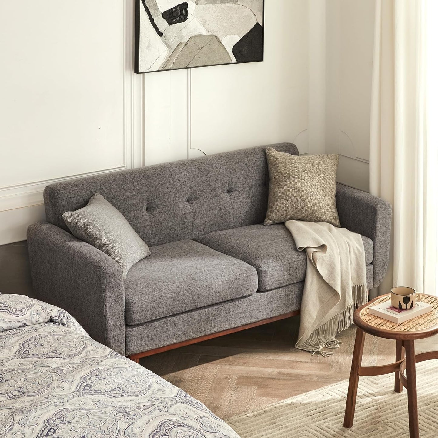 Grey Mid-Century Loveseat Sofa: Easy Assembly, Solid Wood