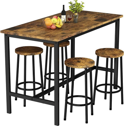 5 Pcs Dining Table Set, Kitchen Table and 4 Bar Stools Industrial