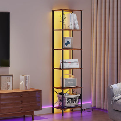 6-Tier Bookshelf, Tall Narrow Bookcase with LED Lights, Book Shelf