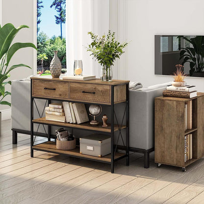 Rustic Brown Industrial Console Table with Storage Shelves