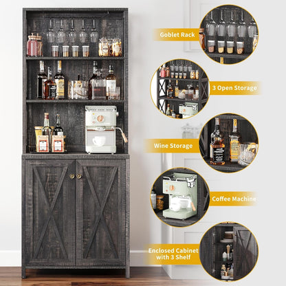 67" Tall Wine Bar Cabinet for Liquor and Glasses, Farmhouse Kitchen