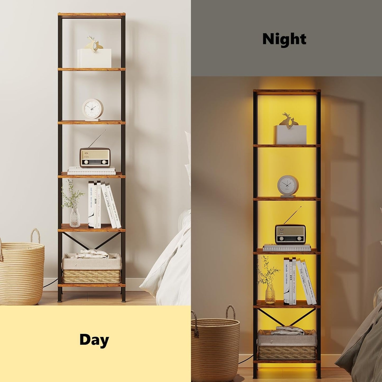 6-Tier Bookshelf, Tall Narrow Bookcase with LED Lights, Book Shelf