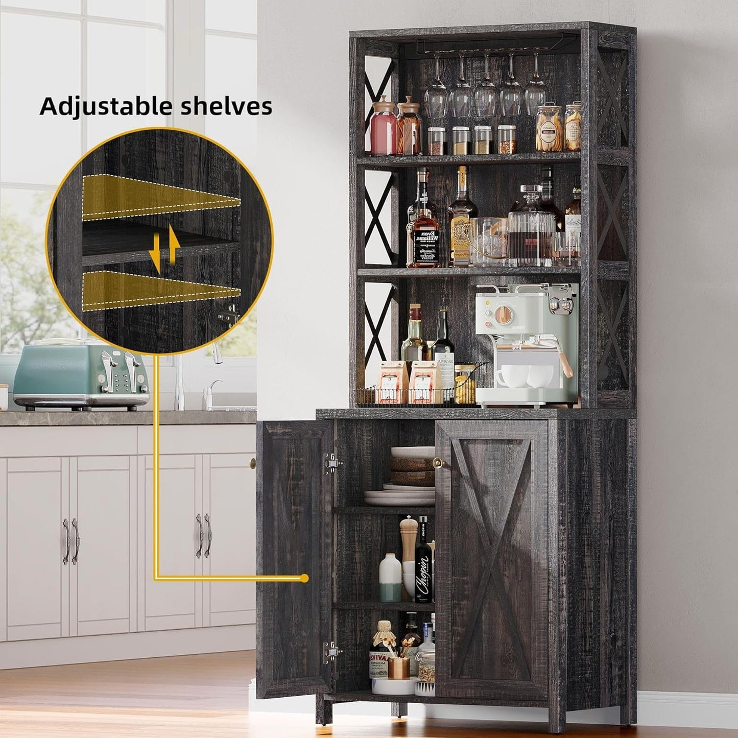 67" Tall Wine Bar Cabinet for Liquor and Glasses, Farmhouse Kitchen