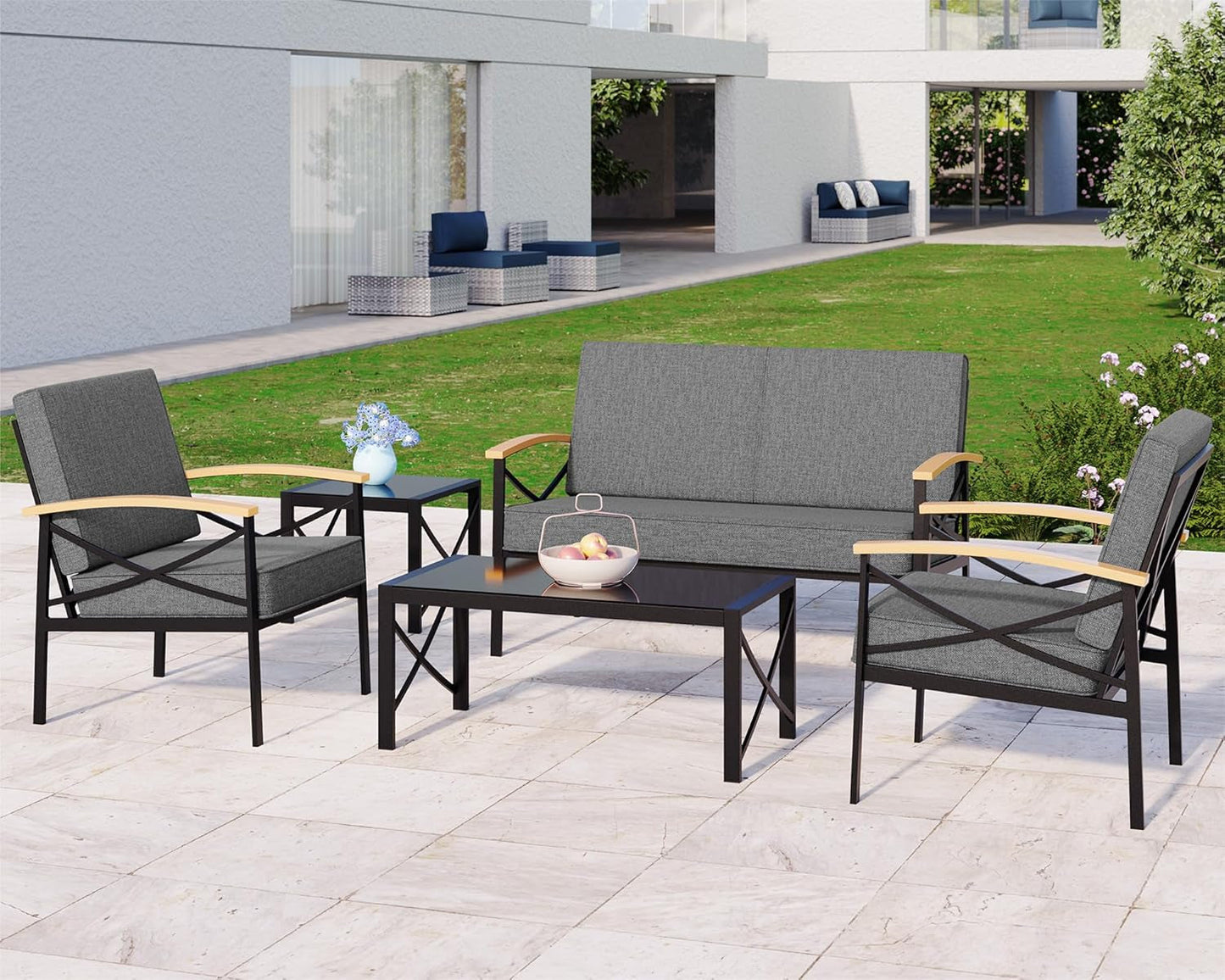 5 Piece Outdoor Metal Patio Furniture Sectional Set, Outdoor Metal