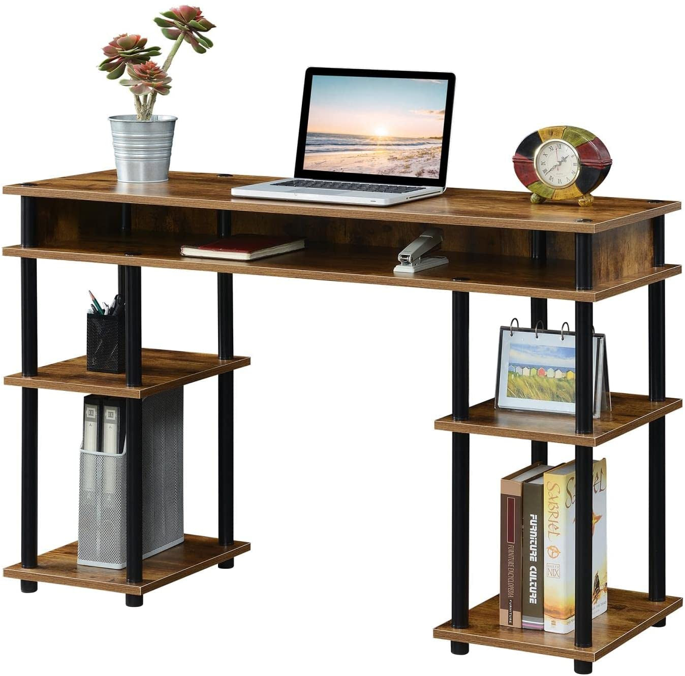 Barnwood/Black Student Desk with Shelves, No Tools