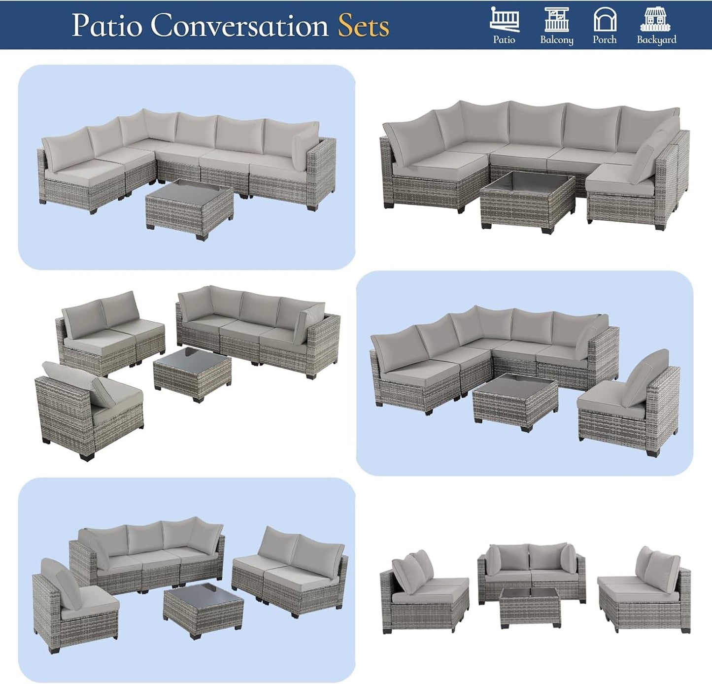 7 Pieces Outdoor Patio Furniture Set, Wicker Sectional Sofa Set Rattan