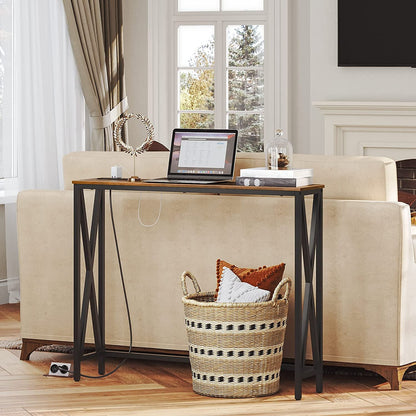 Rustic Brown Sofa Table with Power Outlet