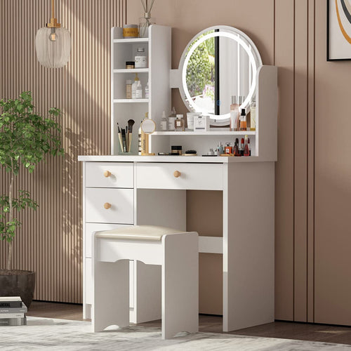 Makeup Vanity Set with Drawer and round Mirror