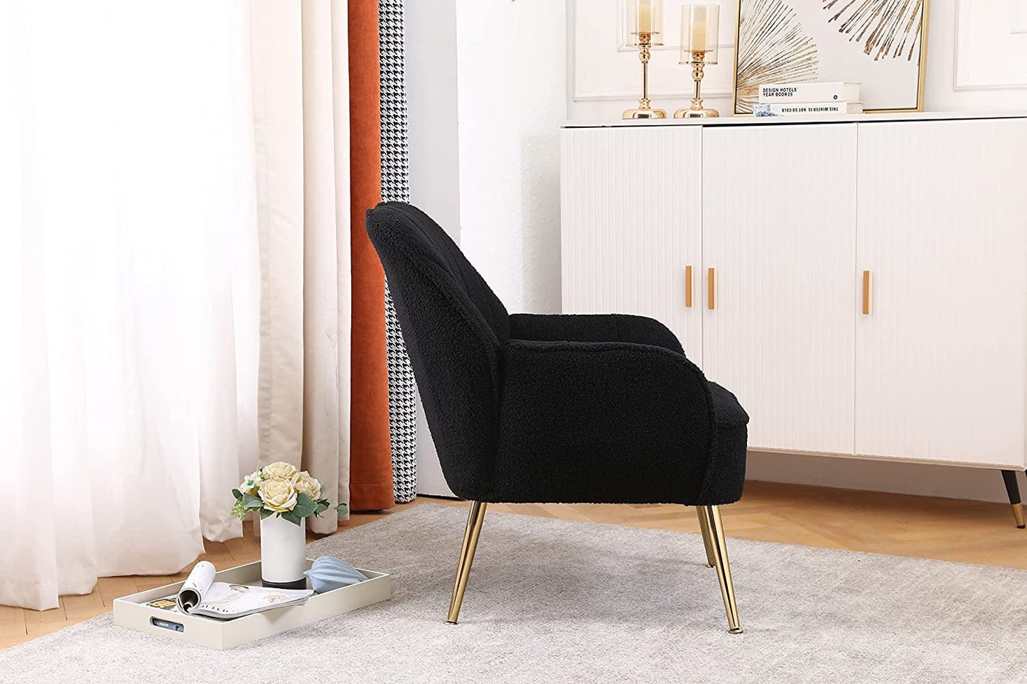 Golden-Legged Black Teddy Chair for Home Office