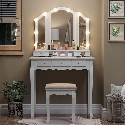 White Makeup Vanity Set with Lighted Mirror and Stool