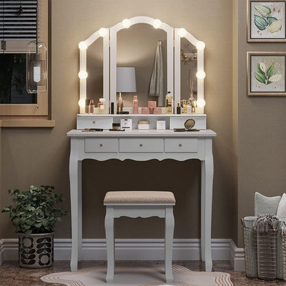 White Makeup Vanity Set with Lighted Mirror and Stool